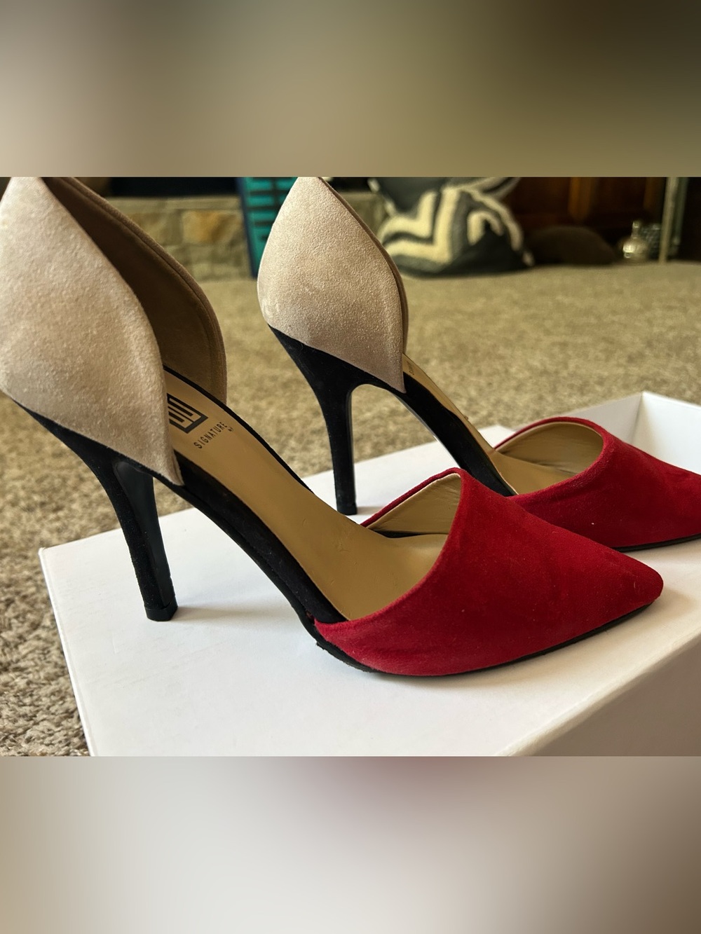 Signature Jessa Red, Nude & Black Suede Heels